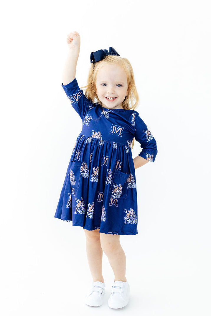 Montana State University Blue Bobcat 3/4 Sleeve Pocket Twirl Dress
