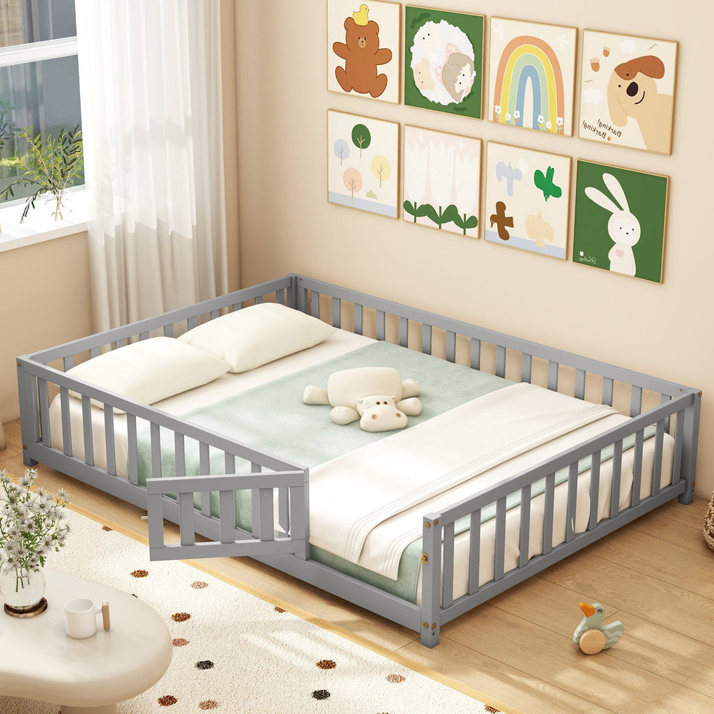 Montessori Bed Frame with Full-length Guardrails Safety Door and Latch