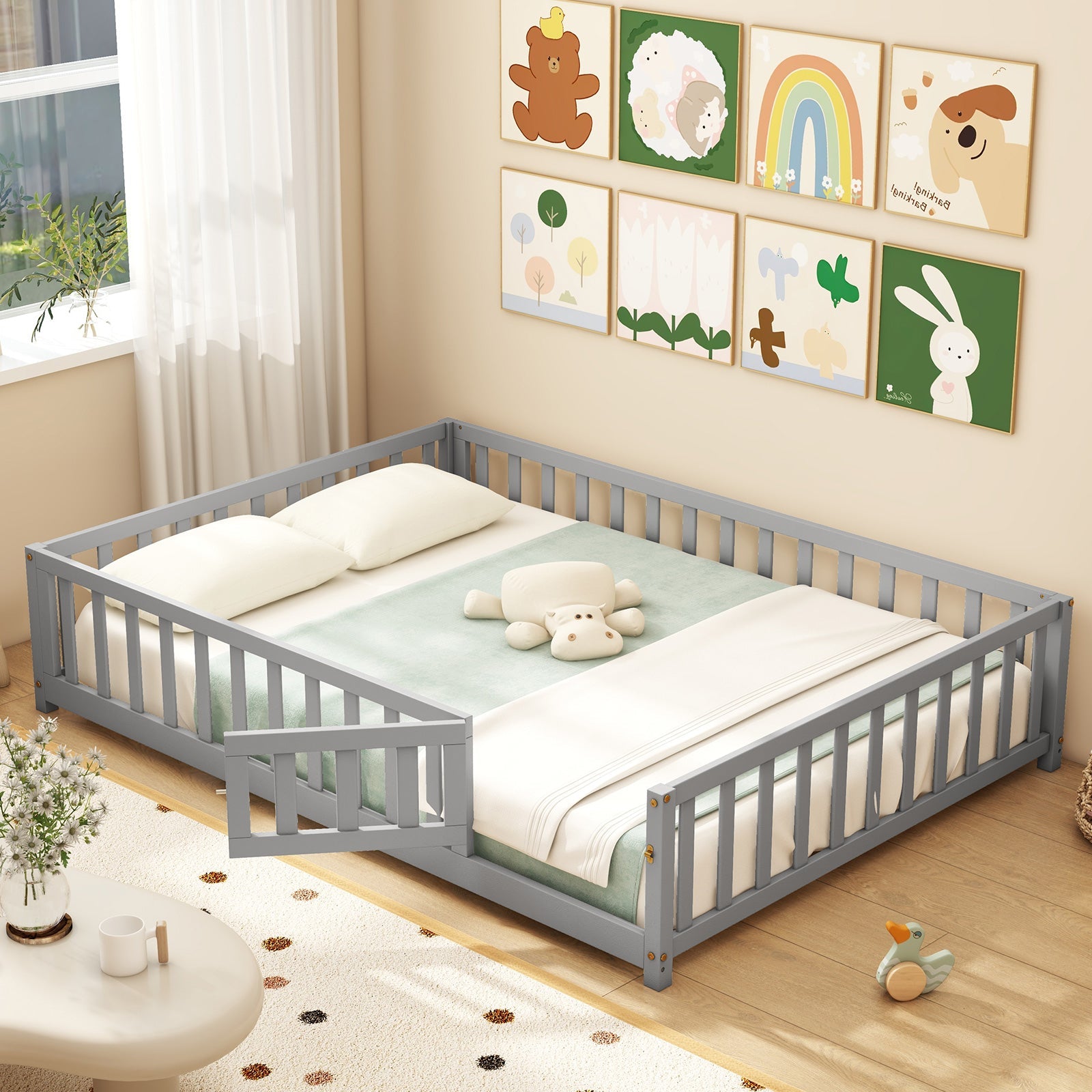 Montessori Bed Frame with Full-length Guardrails Safety Door and Latch