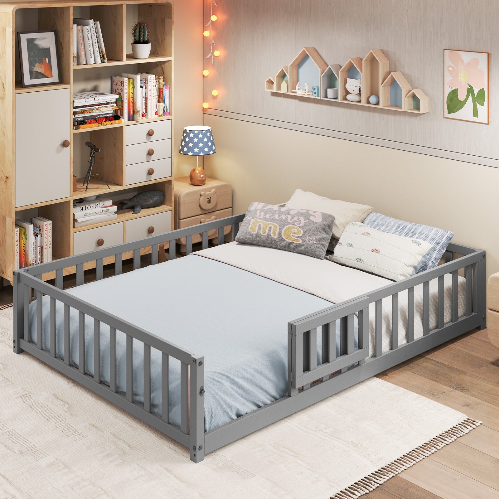Montessori Bed Frame with Full-length Guardrails Safety Door and Latch