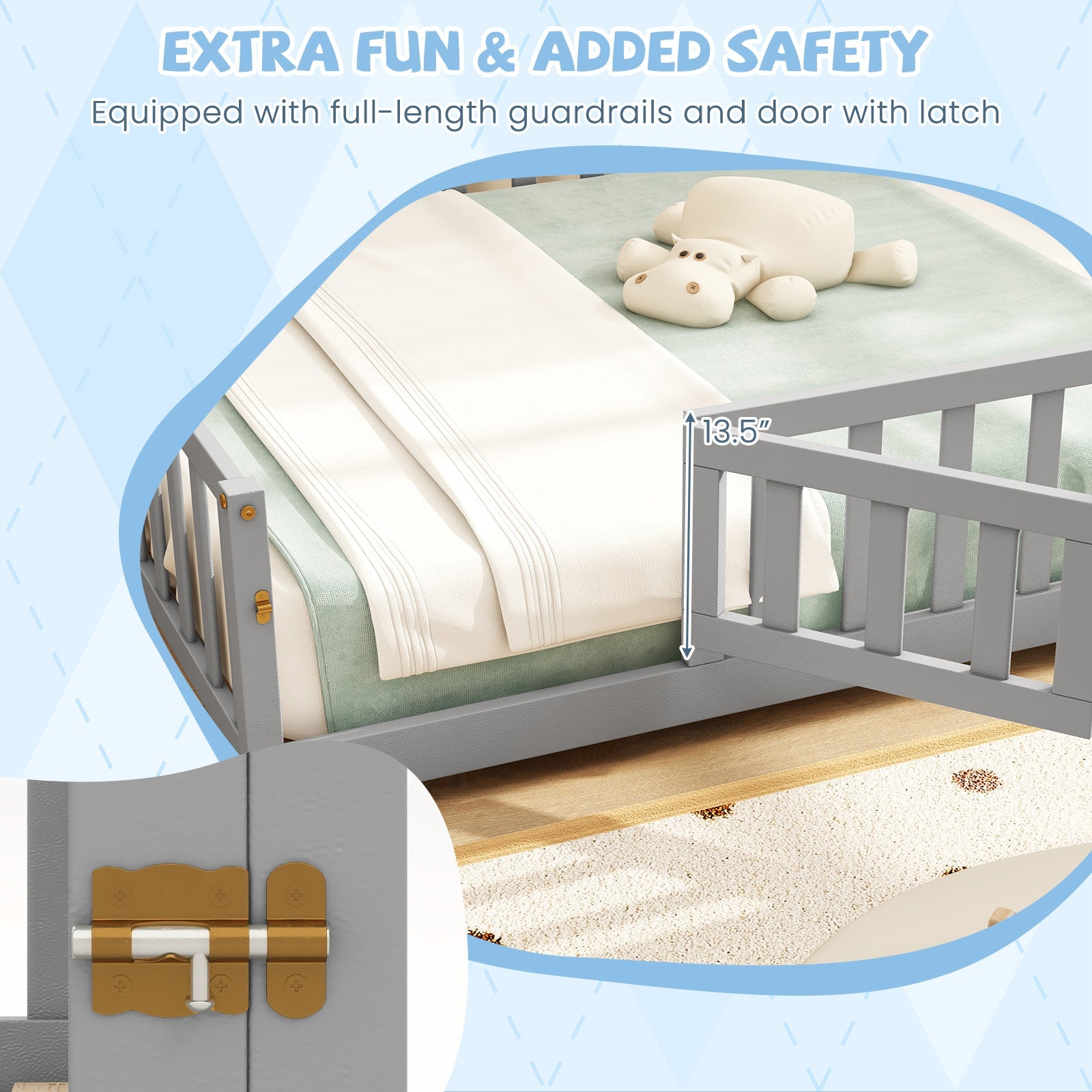 Montessori Bed Frame with Full-length Guardrails Safety Door and Latch