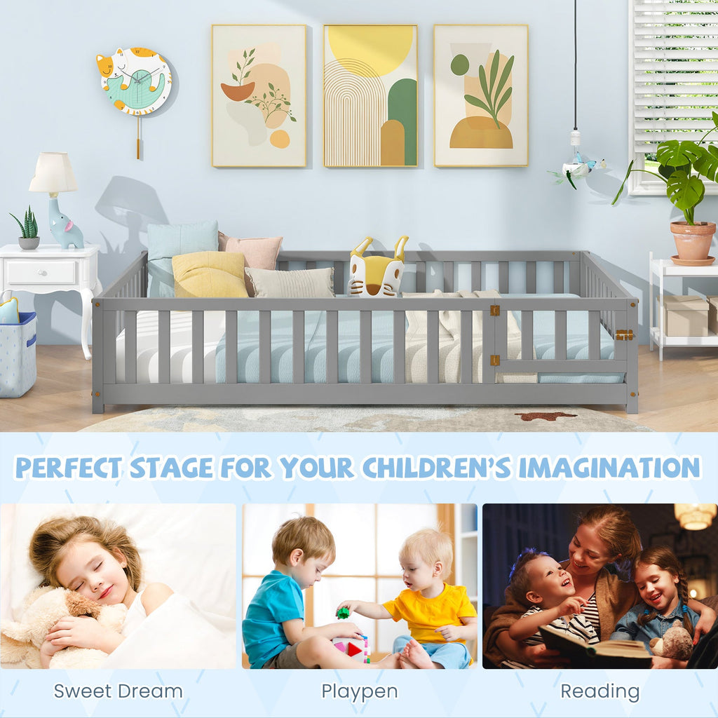 Montessori Bed Frame with Full-length Guardrails Safety Door and Latch