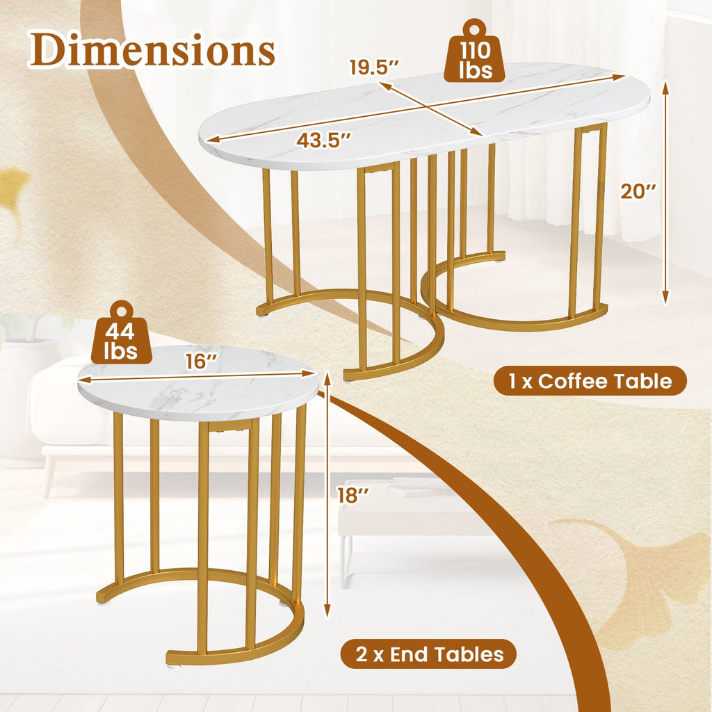 Nesting Coffee Table Set of 3 with Faux Marble Tabletop and Powder-coated Gold Metal Frame-White