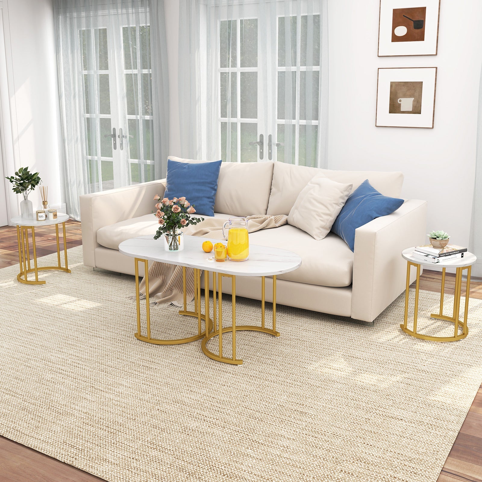 Nesting Coffee Table Set of 3 with Faux Marble Tabletop and Powder-coated Gold Metal Frame-White