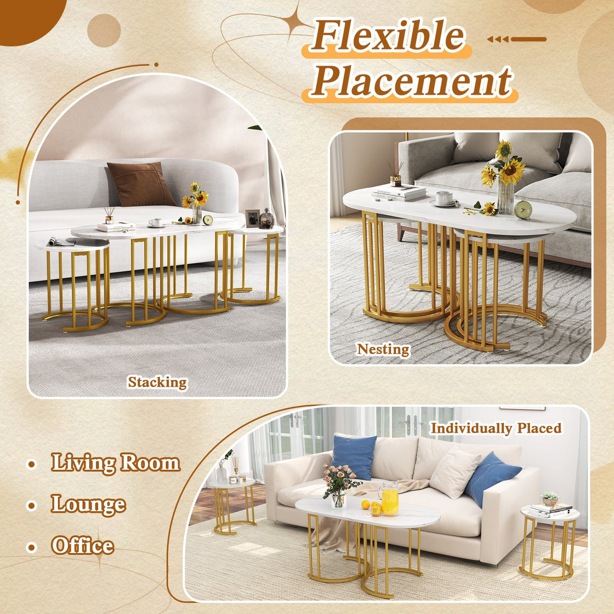 Nesting Coffee Table Set of 3 with Faux Marble Tabletop and Powder-coated Gold Metal Frame-White