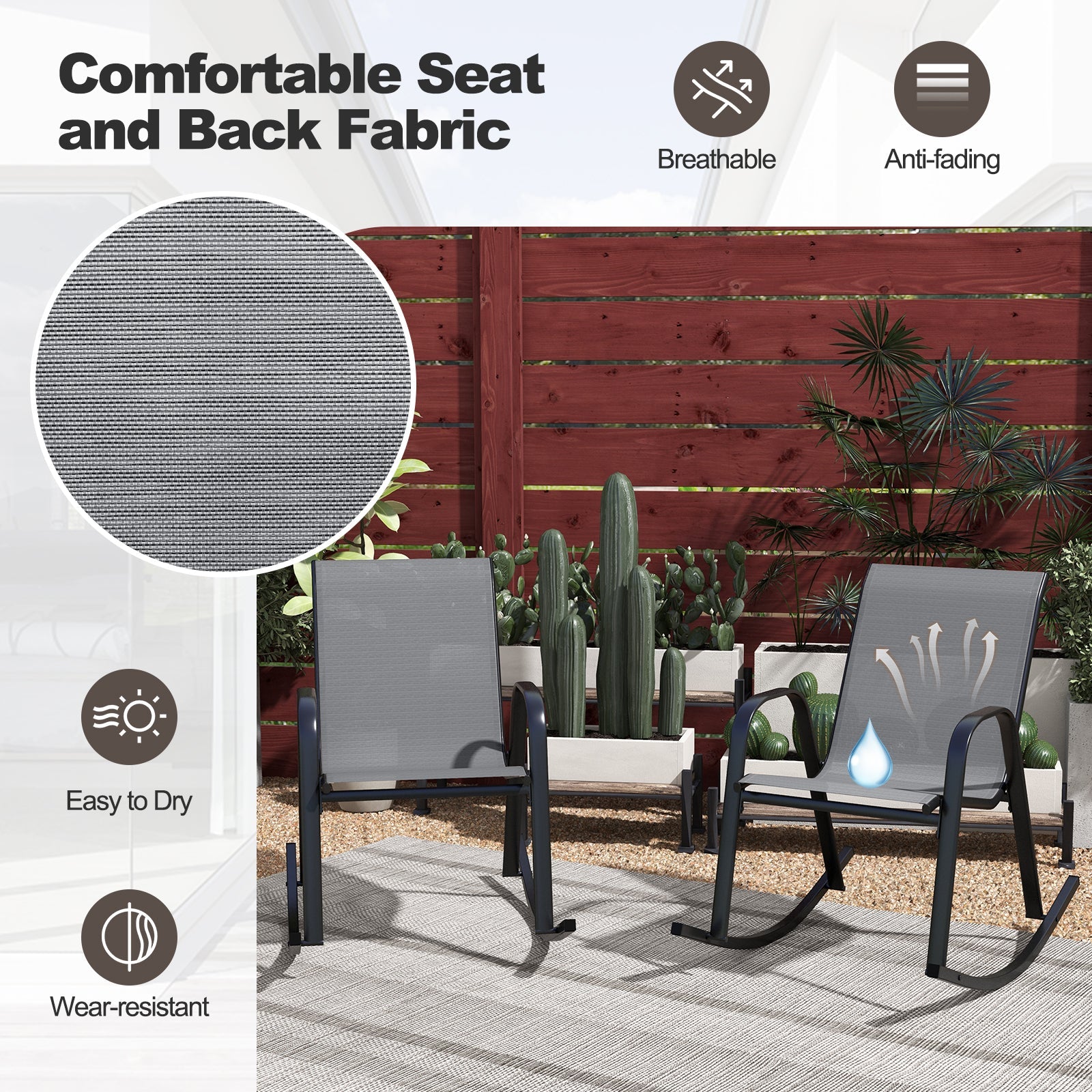 Set of 2 Metal Patio Rocking Chair with Breathable Seat Fabric