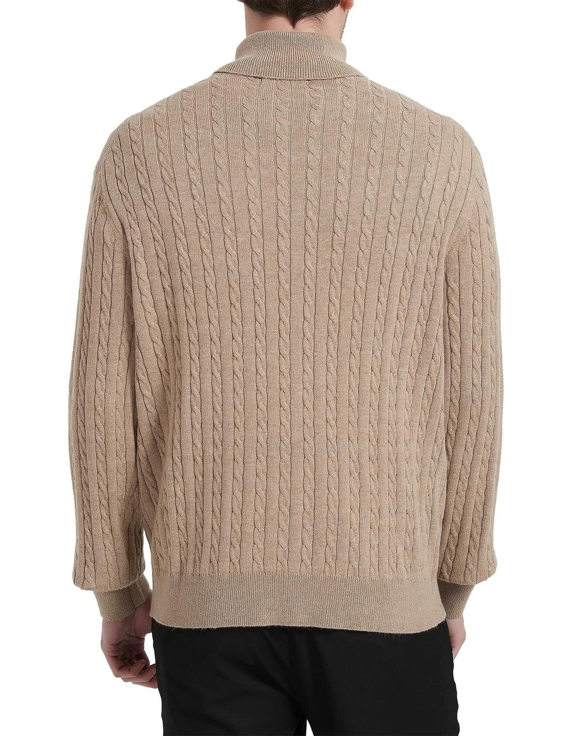 Kallspin Men's Wool Blend Cable-Knit Turtle Neck Sweater Coffee Size L