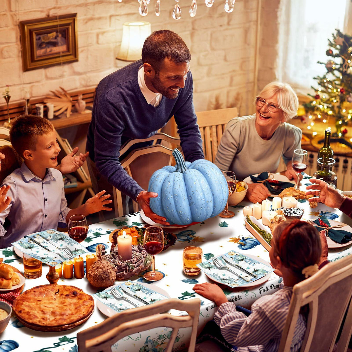 3 Pc Blue Fall Thanksgiving Tablecloth Set 54x108in + 60 Napkins Disposable