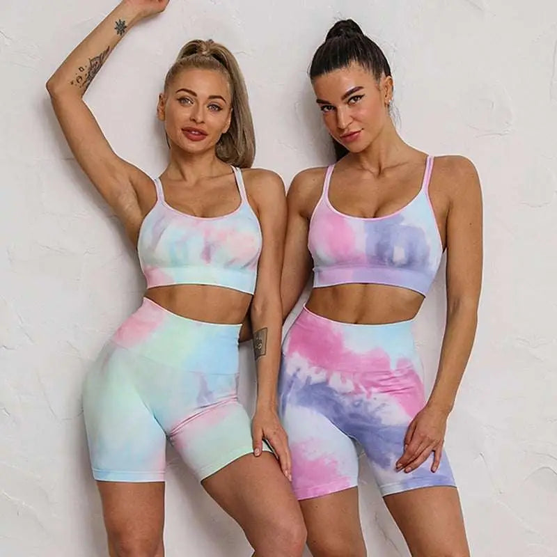 Pastel Tie Dye Crop Bra and Shorts Workout Set