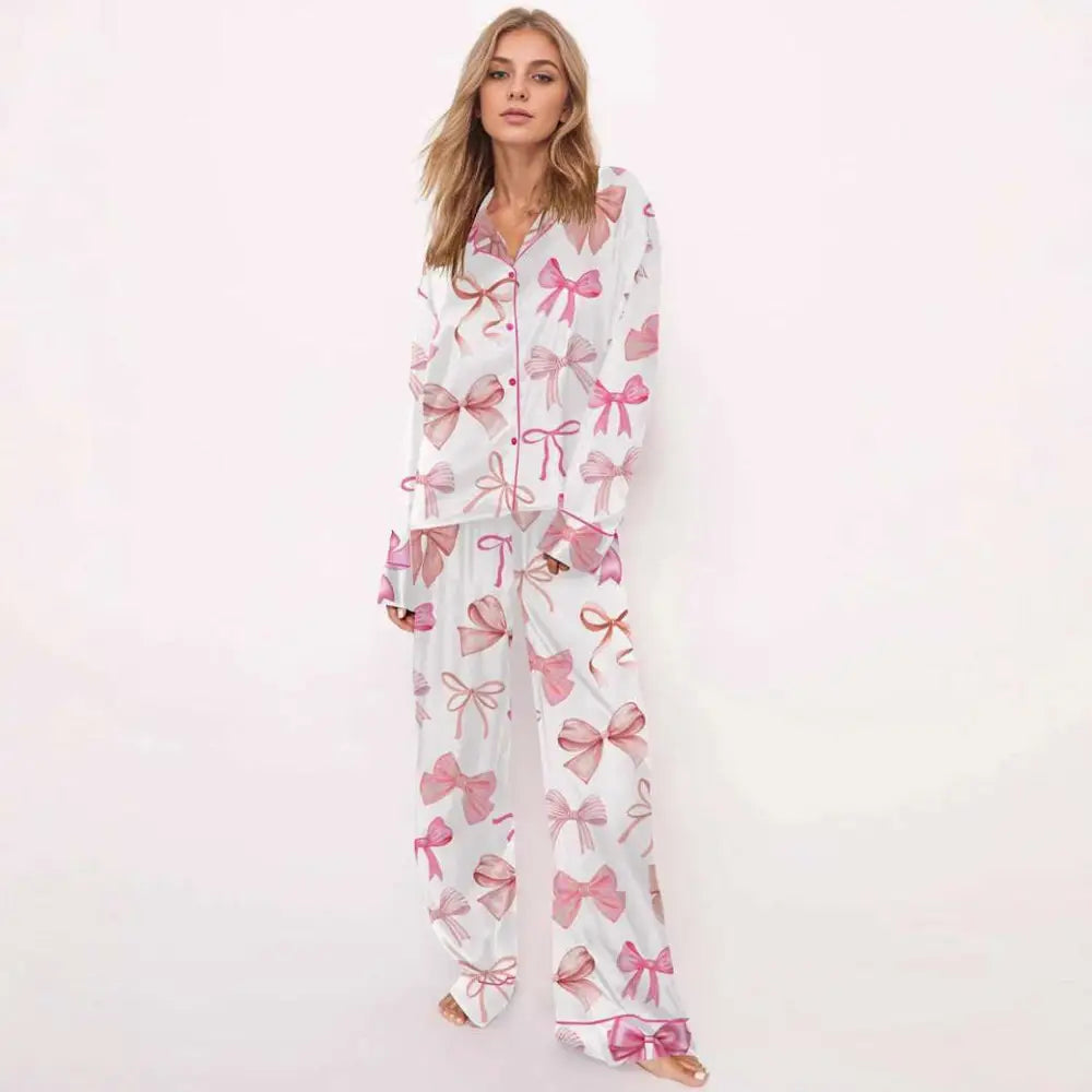 Pink Bow Print Long-sleeve Pyjama Suit