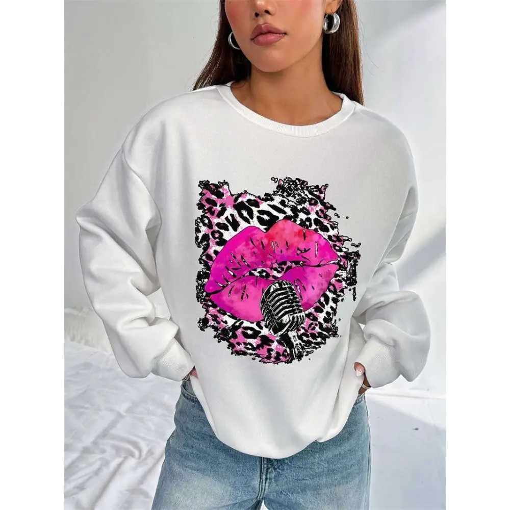 Pink Lips Graphic Crew Neck Sweatshirt