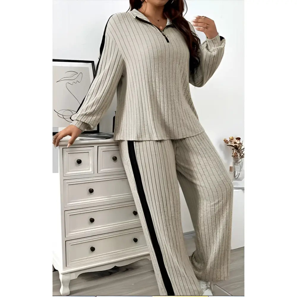 Ribbed Knit Striped Wide Leg Pants Two Piece Set
