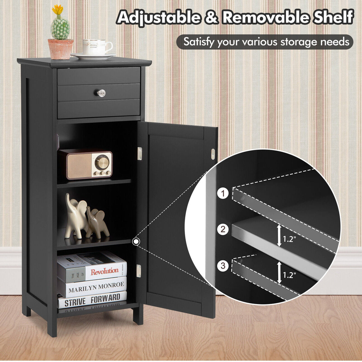 Wooden Bathroom Floor Storage Cabinet with Drawer and Shelf