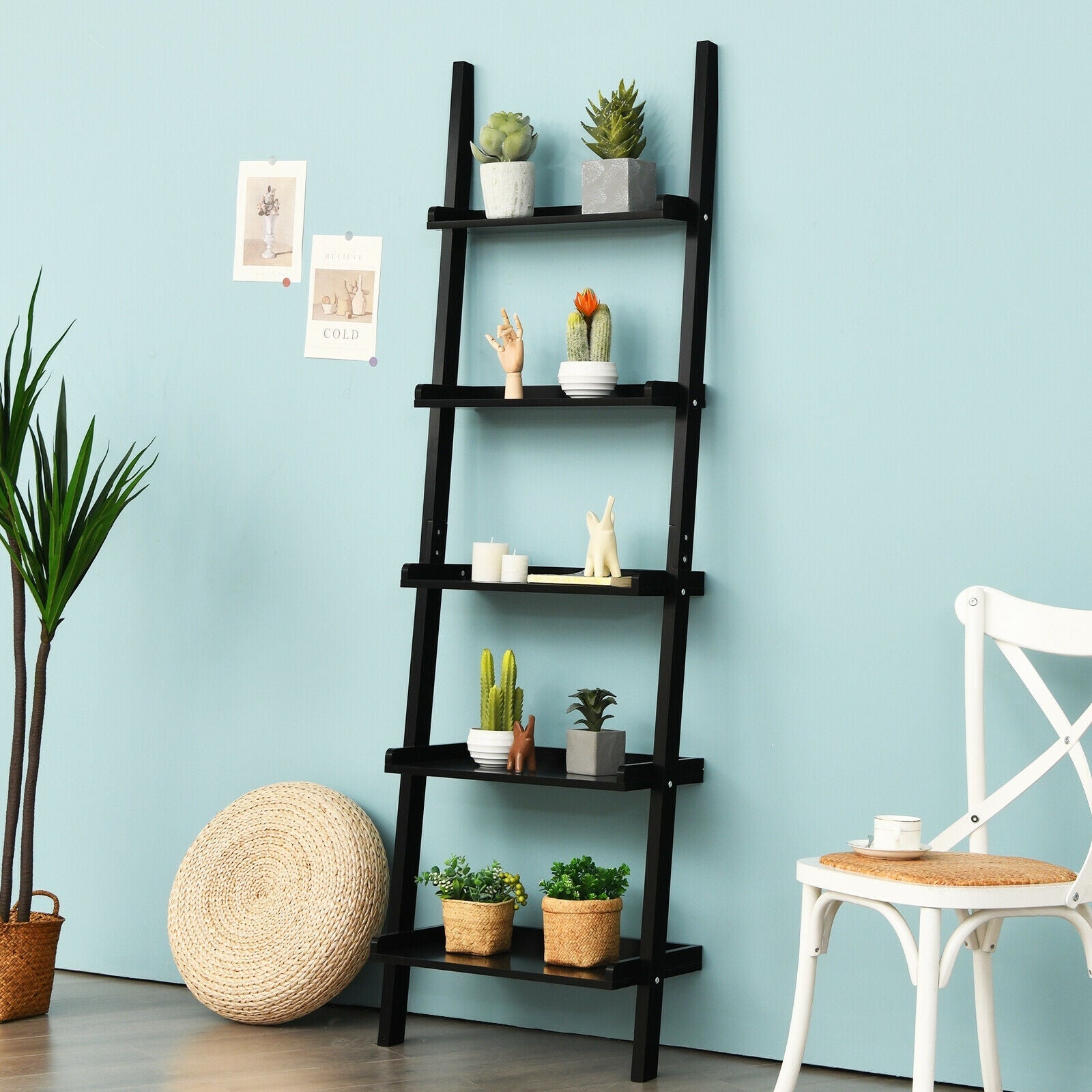 5-Tier Wall-leaning Ladder Shelf Display Rack for Plants and Books