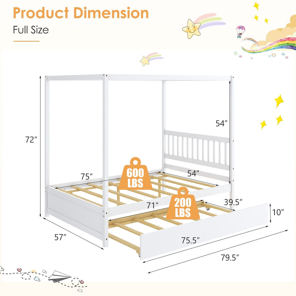 Full Size Canopy Bed with Trundle Wooden Platform Bed Frame Headboard