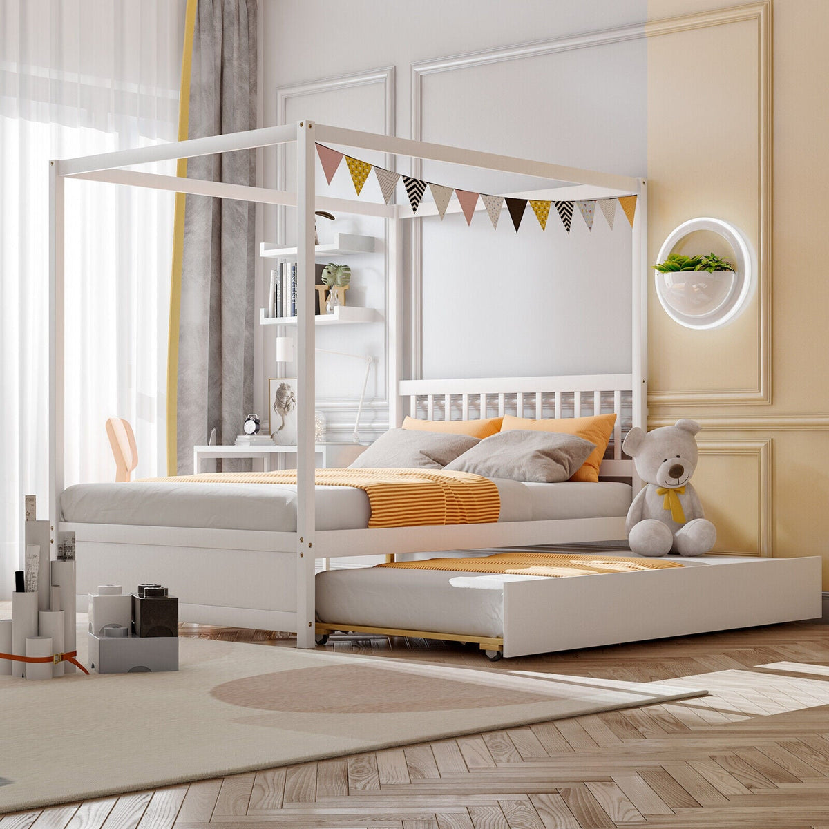Full Size Canopy Bed with Trundle Wooden Platform Bed Frame Headboard