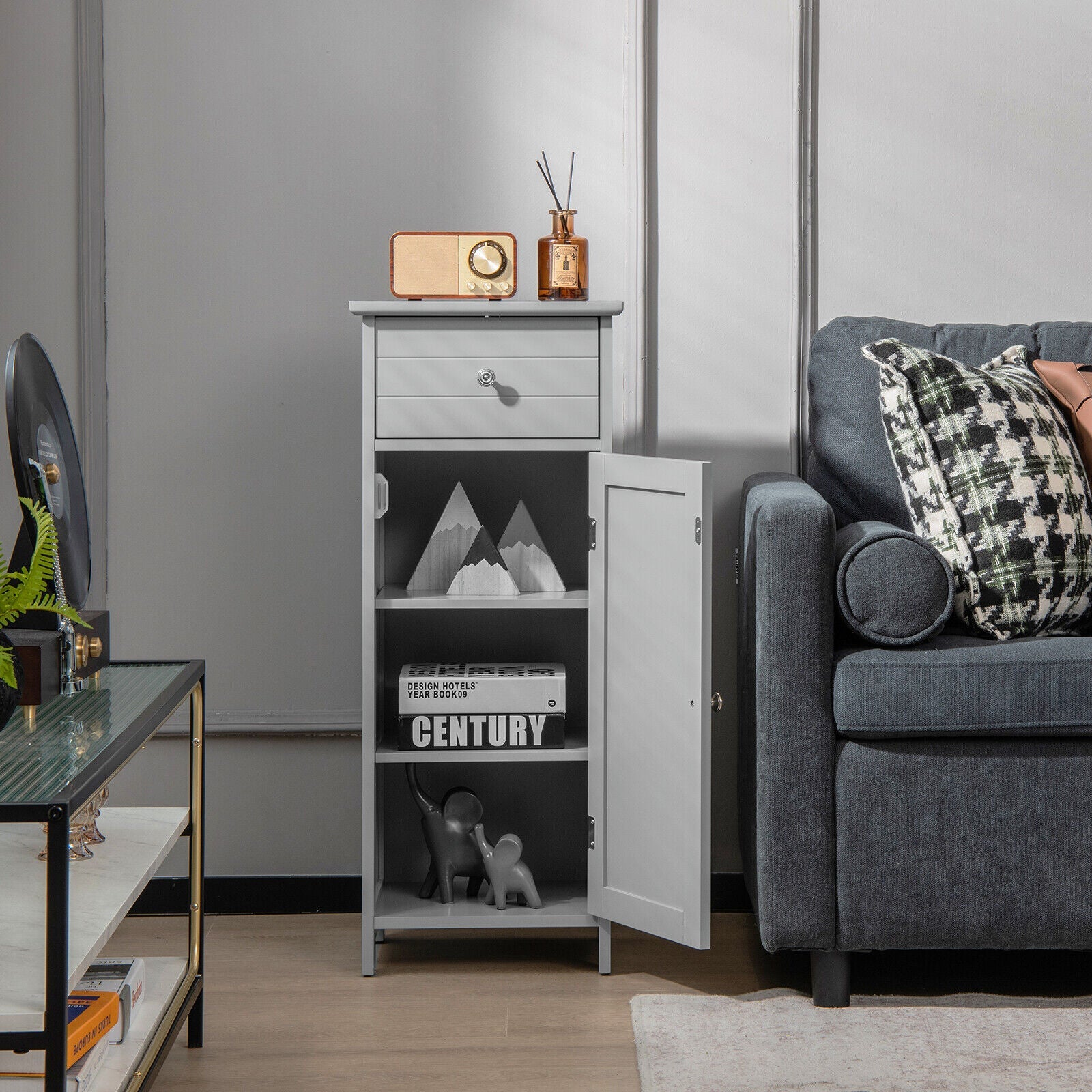 Wooden Bathroom Floor Storage Cabinet with Drawer and Shelf