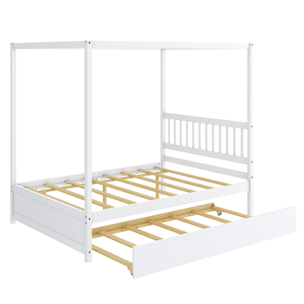 Full Size Canopy Bed with Trundle Wooden Platform Bed Frame Headboard