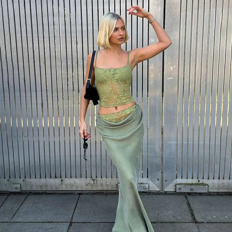 Sage Green Lace Backless Tube Stitching Ruffle Hip Suit
