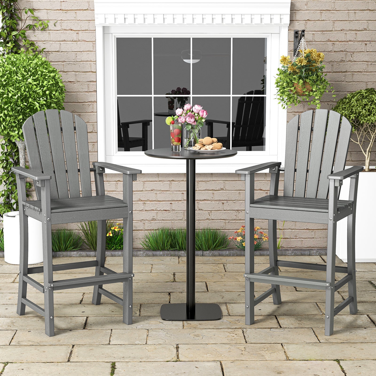 Set of 2 Counter Height Outdoor HDPE Bar Stool with Armrests and Footrest