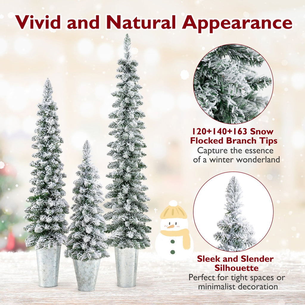 Set of 3 Pre-Lit Snow Flocked Artificial Christmas Trees witrh 423 Branch Tips