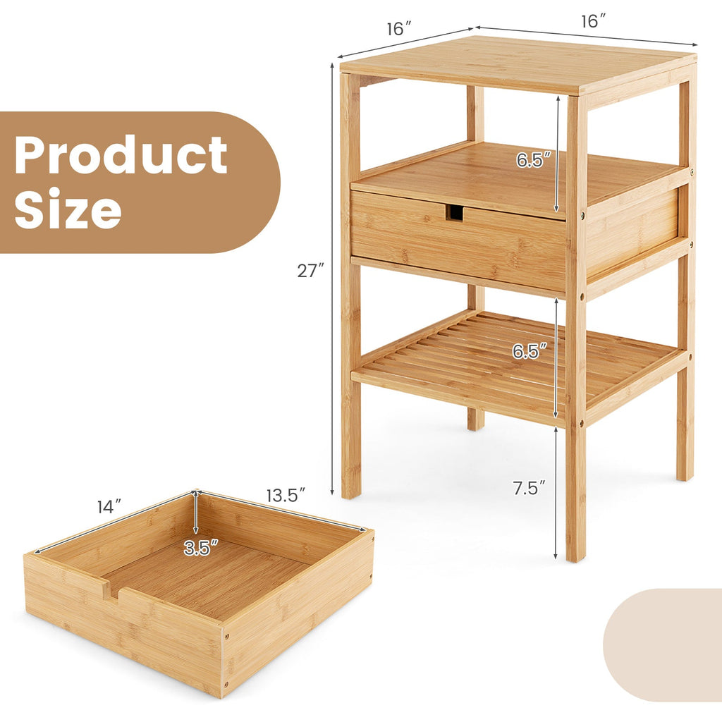 Bamboo Nightstand with Storage Drawer and Slatted Shelf