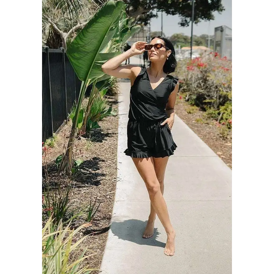 Teal Ruffled Deep V One-piece Swimsuit with Built-in Bra