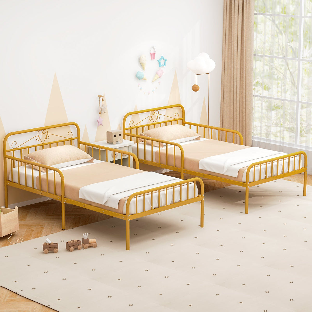 Twin Size Bed Frame with Headboard and Safety Side Guardrails
