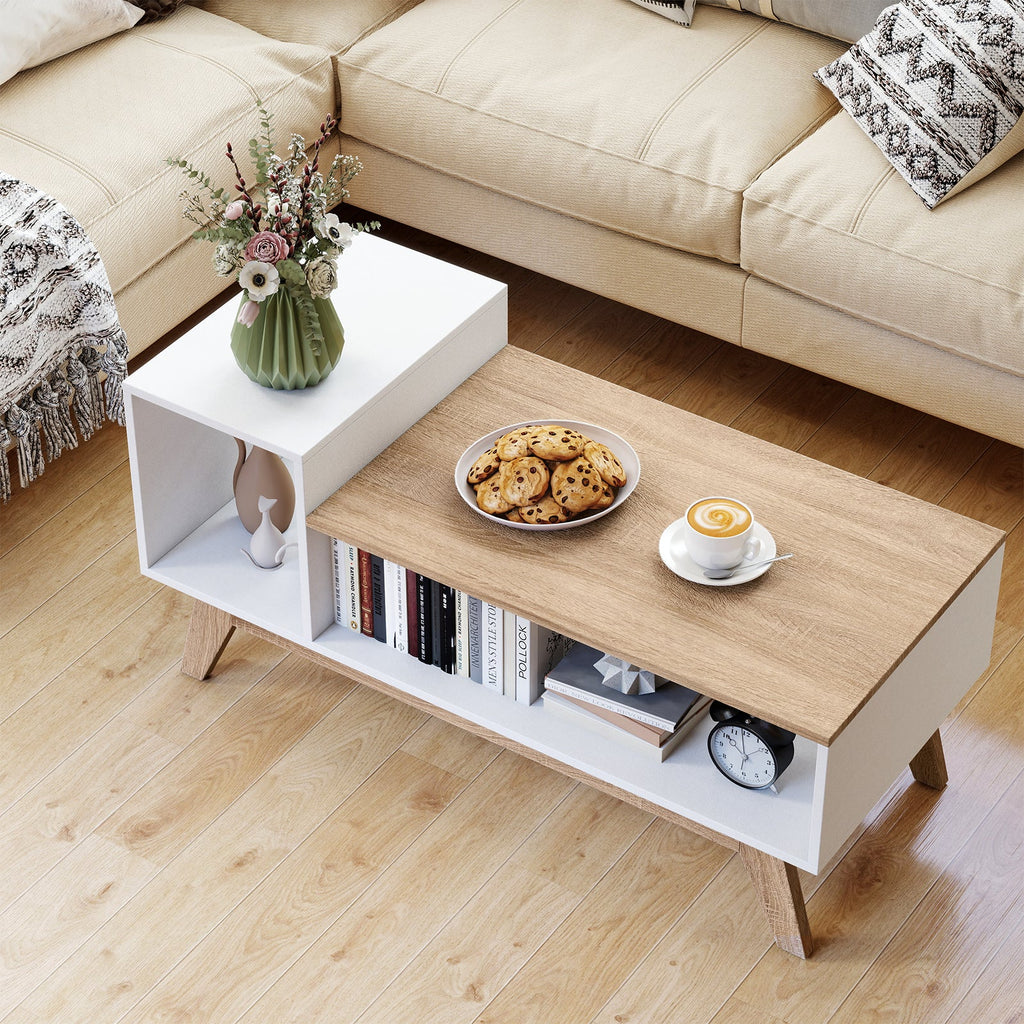 43 Inch Coffee Table with Stepped Tabletop and Storage Compartments-White