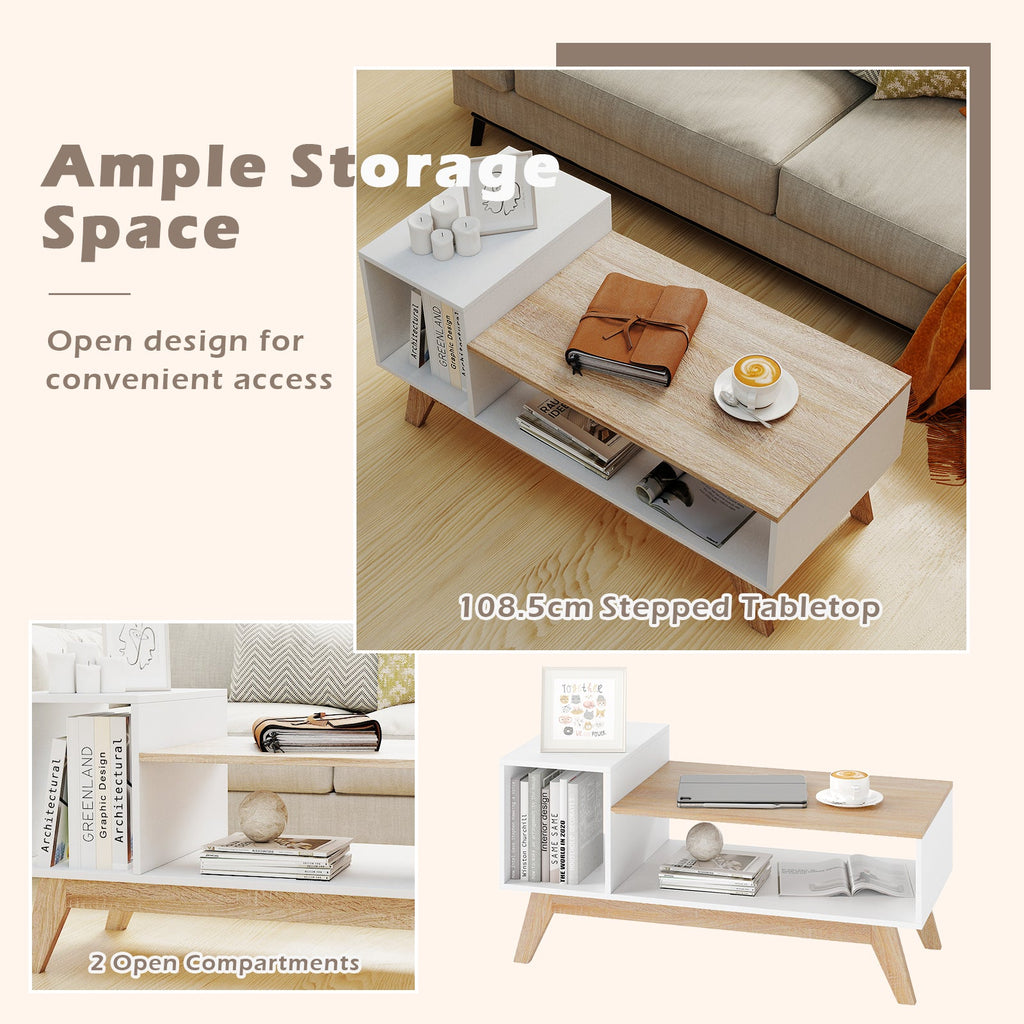 43 Inch Coffee Table with Stepped Tabletop and Storage Compartments-White