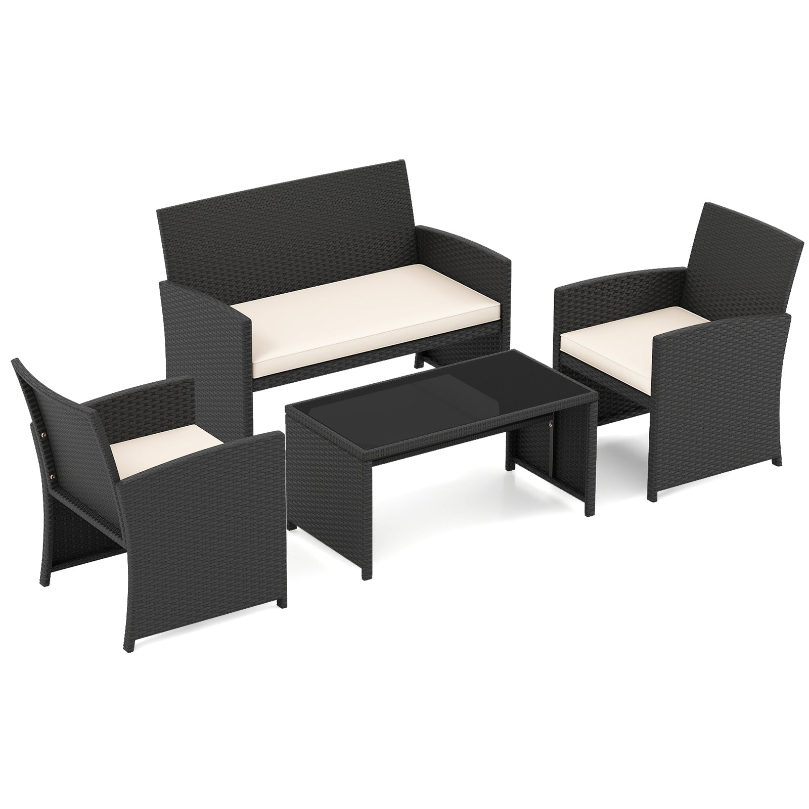 4 Pieces Patio Furniture Set with Tempered Glass Tabletop and Removable Cushion