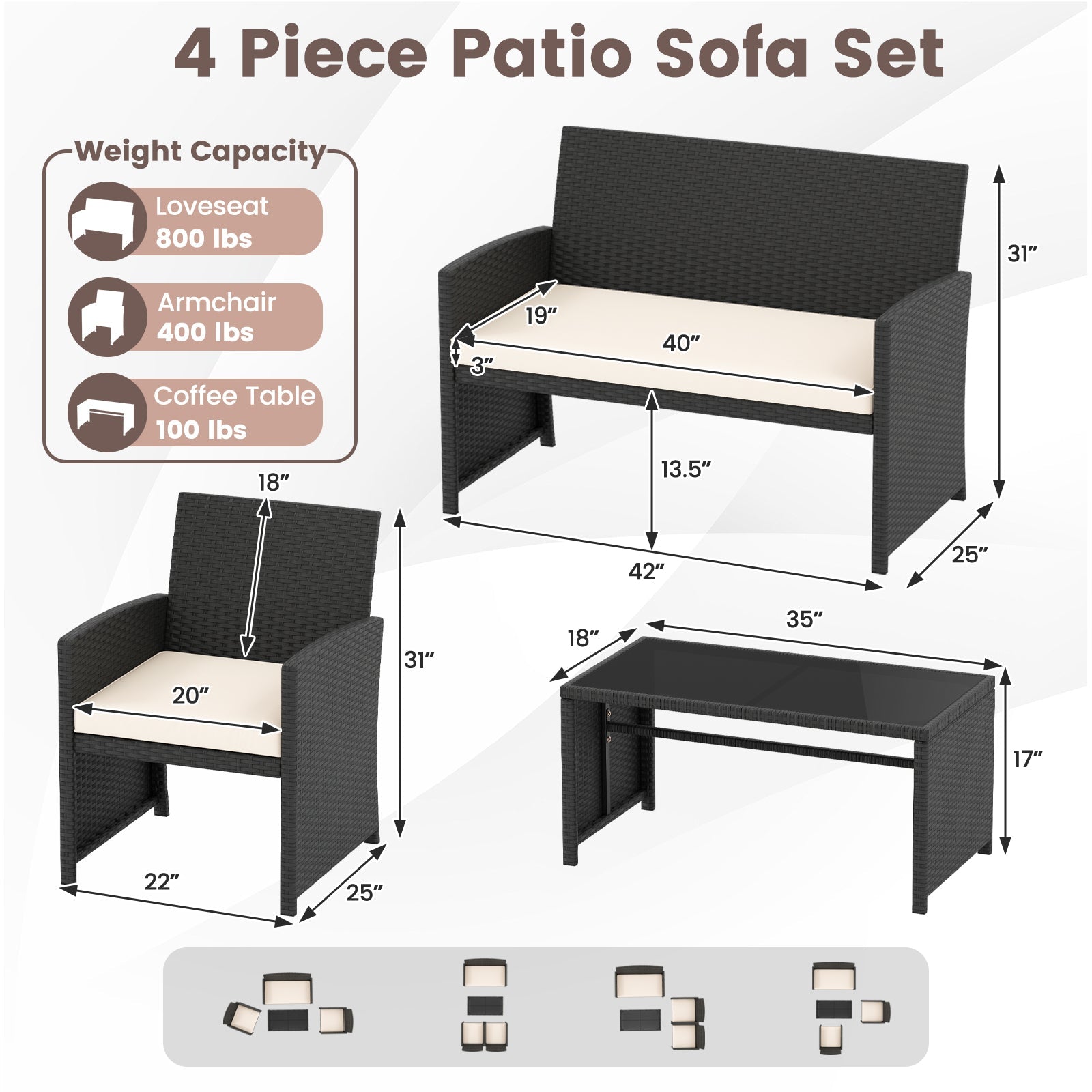 4 Pieces Patio Furniture Set with Tempered Glass Tabletop and Removable Cushion