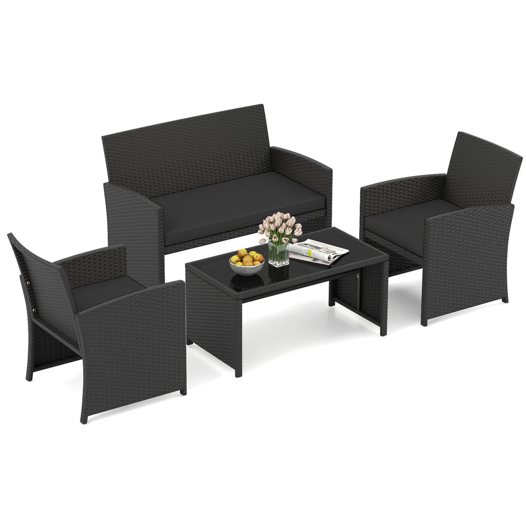 4 Pieces Patio Furniture Set with Tempered Glass Tabletop and Removable Cushion