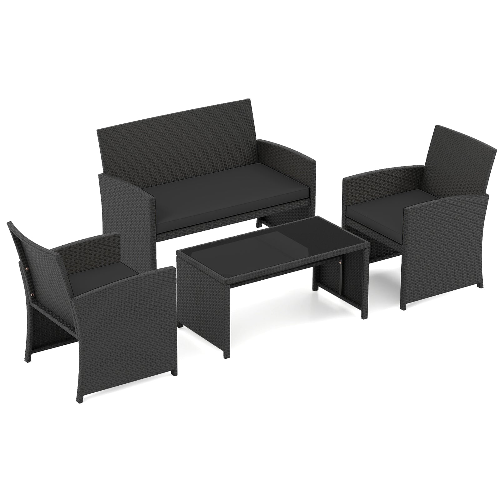 4 Pieces Patio Furniture Set with Tempered Glass Tabletop and Removable Cushion