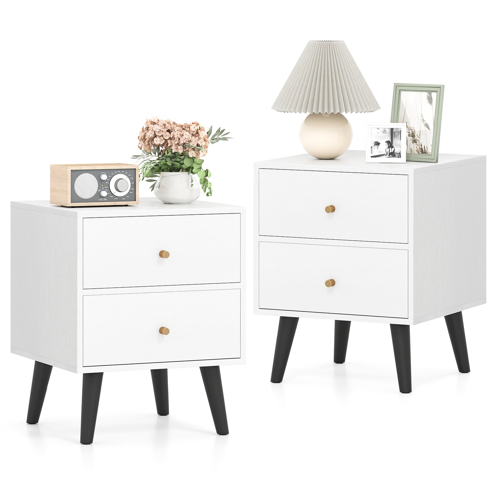 Nightstand Set of 2 Mid Century Modern Bedside Table with Golden Knobs and Raised Support Legs