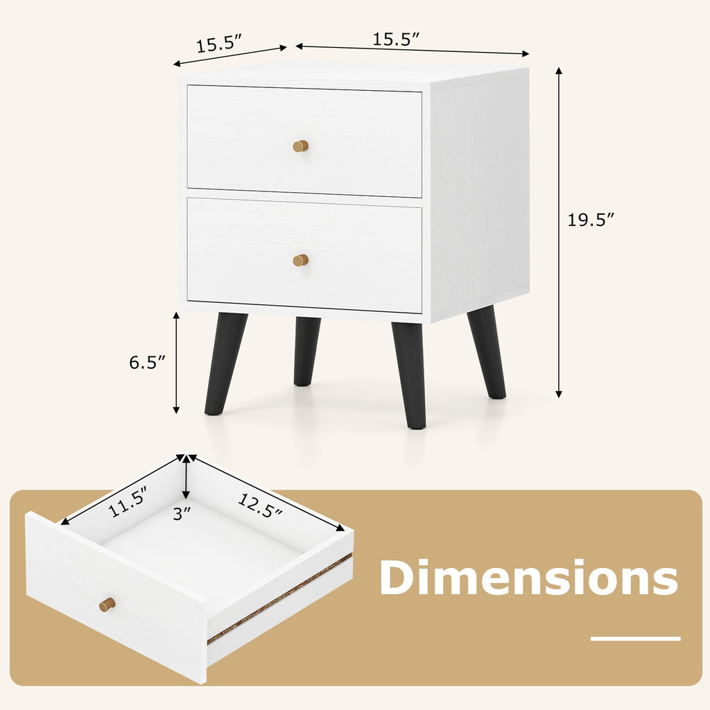 Nightstand Set of 2 Mid Century Modern Bedside Table with Golden Knobs and Raised Support Legs