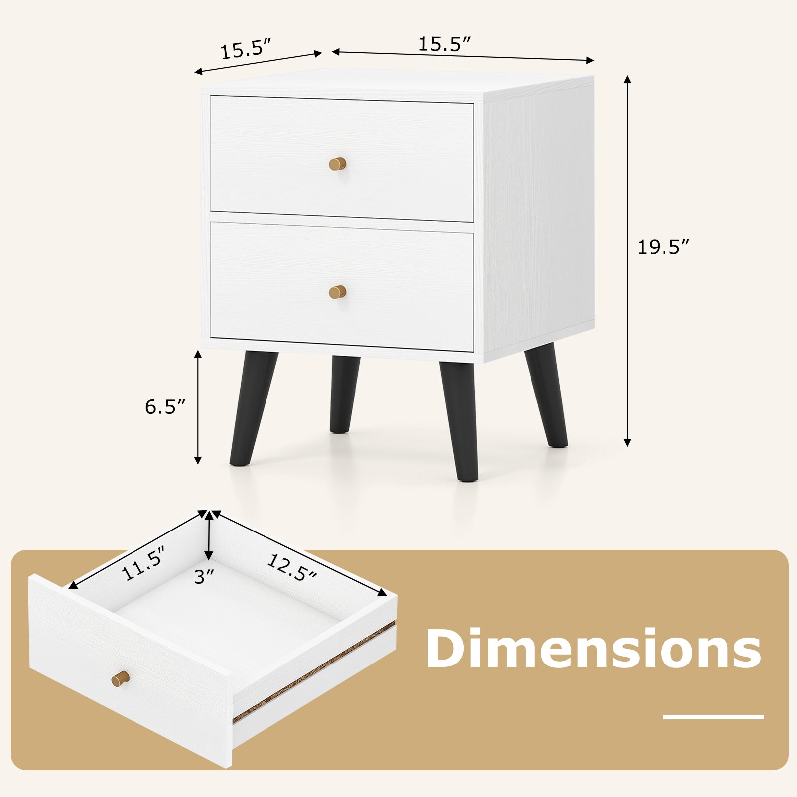Nightstand Set of 2 Mid Century Modern Bedside Table with Golden Knobs and Raised Support Legs