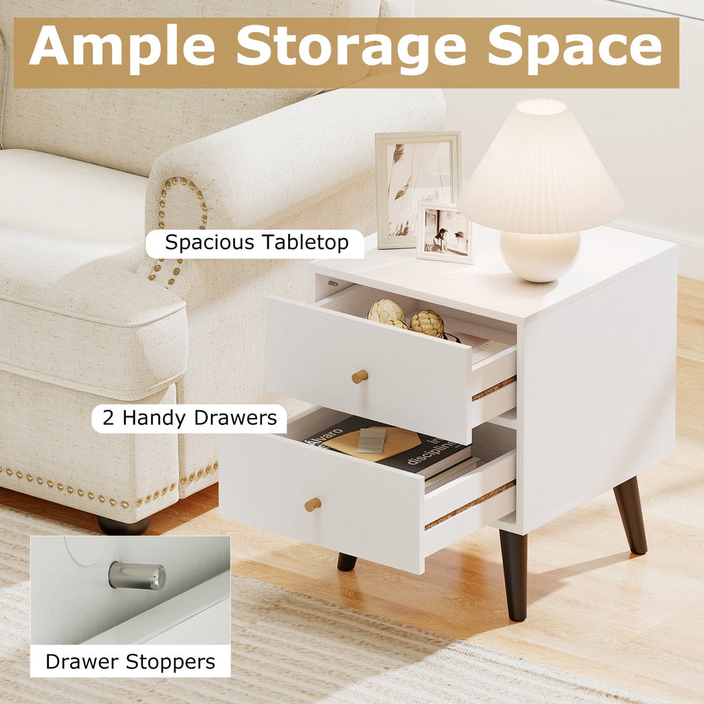 Nightstand Set of 2 Mid Century Modern Bedside Table with Golden Knobs and Raised Support Legs