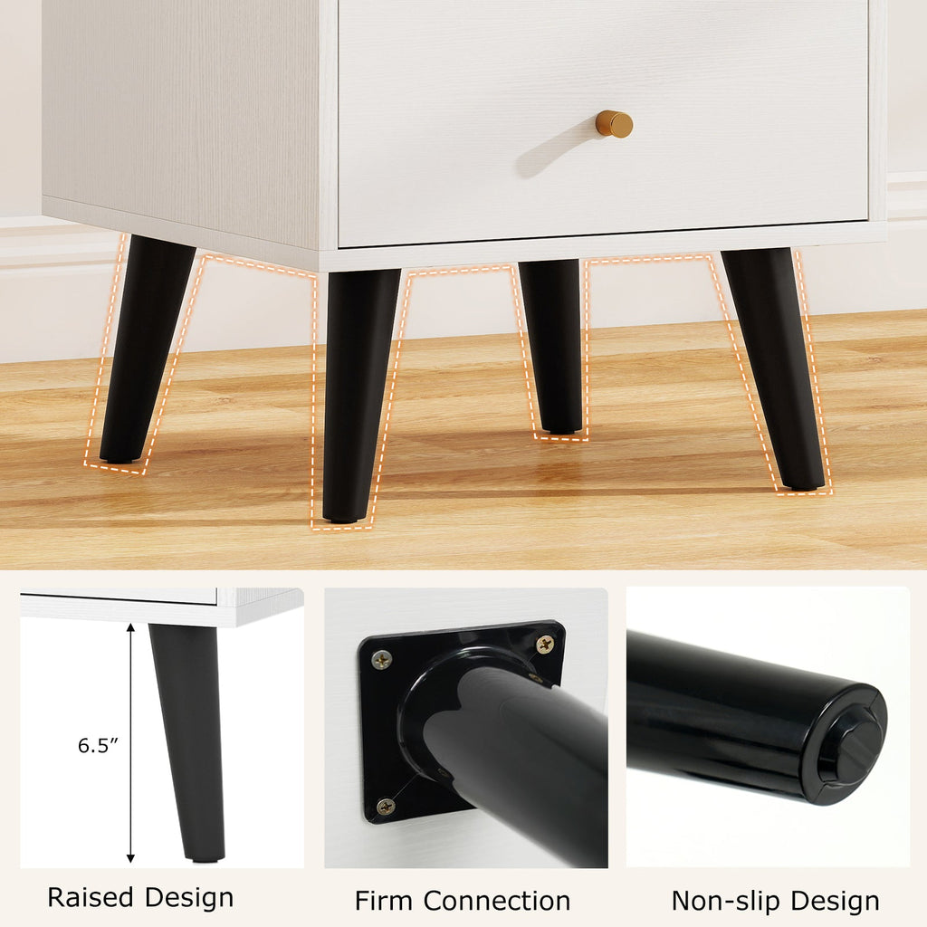 Nightstand Set of 2 Mid Century Modern Bedside Table with Golden Knobs and Raised Support Legs
