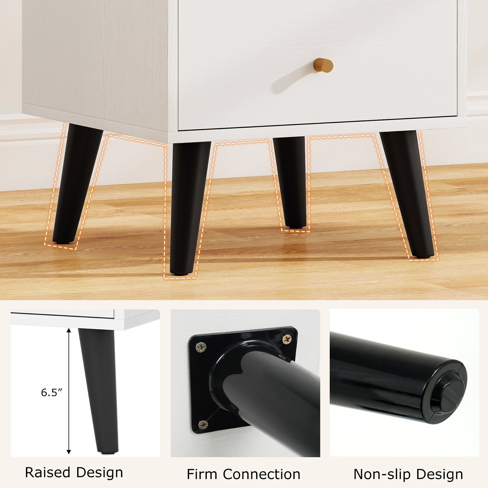 Nightstand Set of 2 Mid Century Modern Bedside Table with Golden Knobs and Raised Support Legs