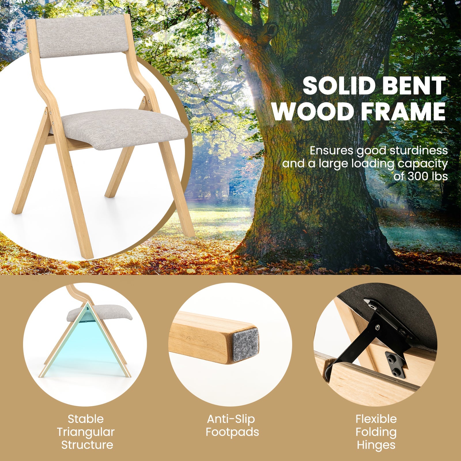 Folding Dining Chair Set of 4 Wooden Upholstered Dining Chairs with Solid Wood Frame