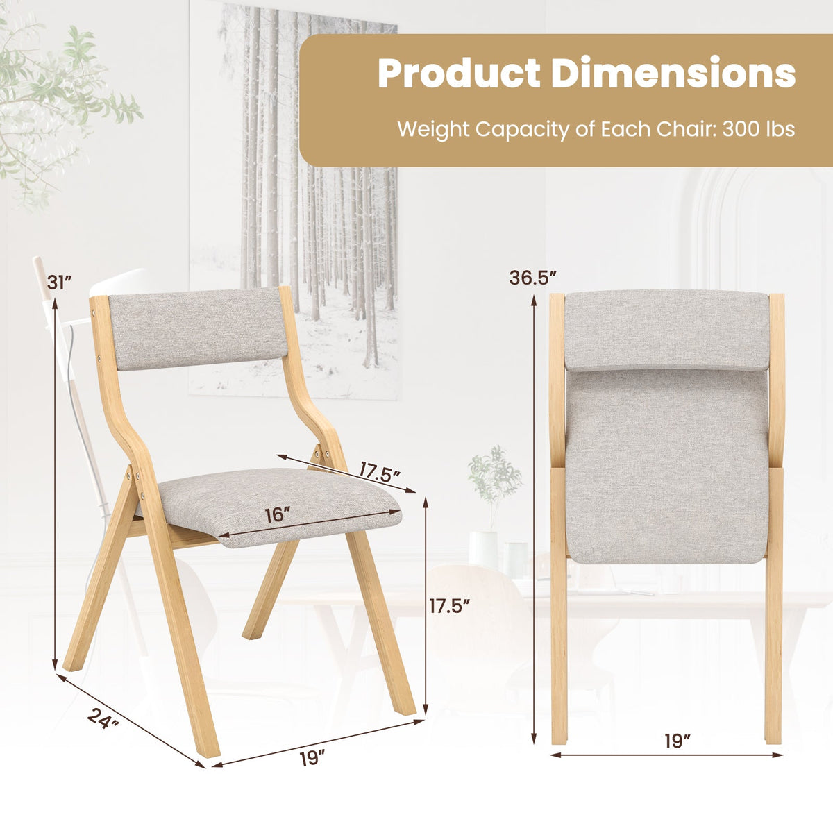 Folding Dining Chair Set of 4 Wooden Upholstered Dining Chairs with Solid Wood Frame