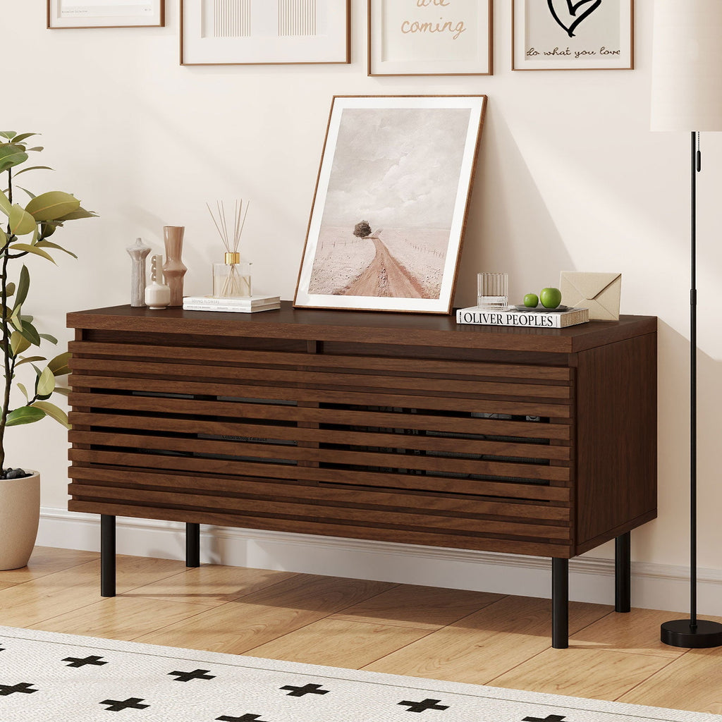 Mid Century Fluted TV Stand for 40" TV with 2 Hidden Compartments and Metal Legs-Walnut