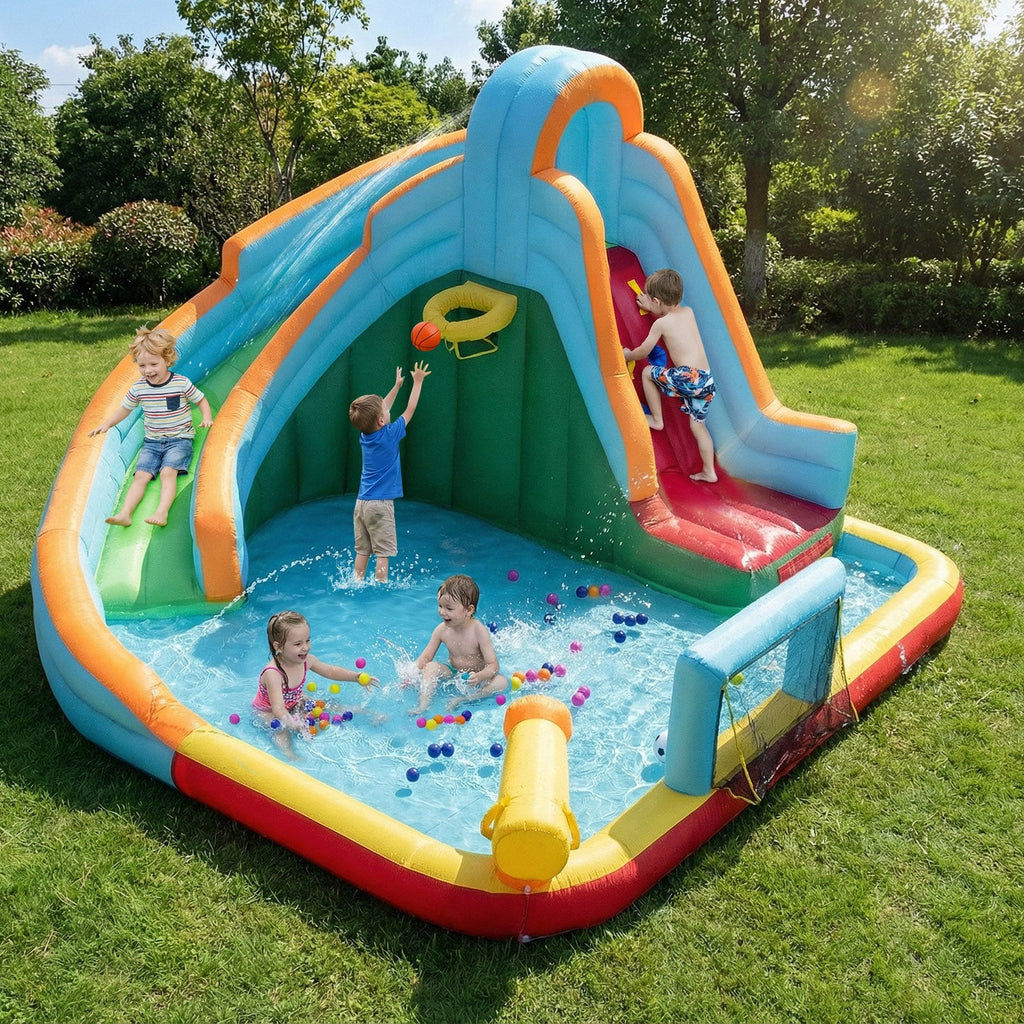 6-in-1 Inflatable Water Slide Park with 750W Blower for Yard