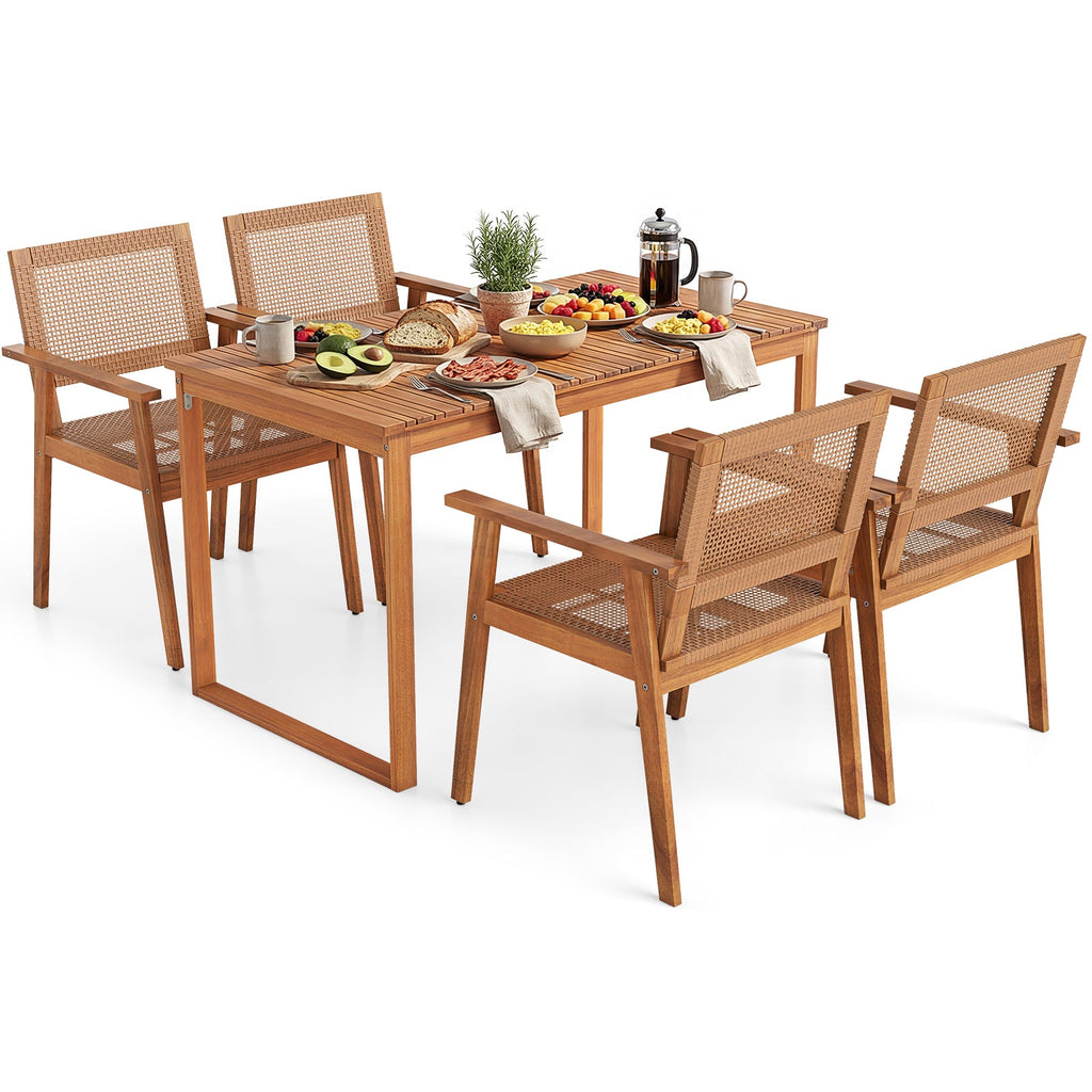 5 Pieces Acacia Wood Dining Set with Outdoor Table and Rattan Chairs for 4 Persons