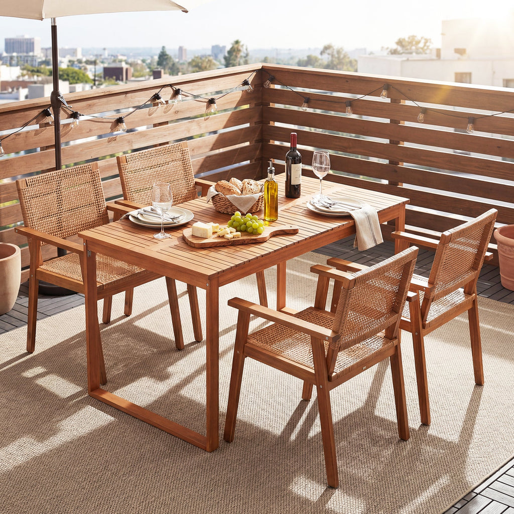 5 Pieces Acacia Wood Dining Set with Outdoor Table and Rattan Chairs for 4 Persons