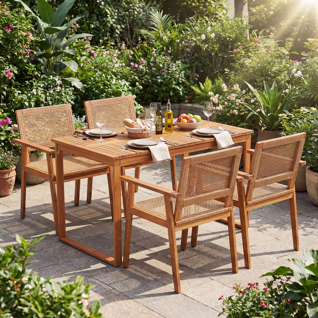 5 Pieces Acacia Wood Dining Set with Outdoor Table and Rattan Chairs for 4 Persons