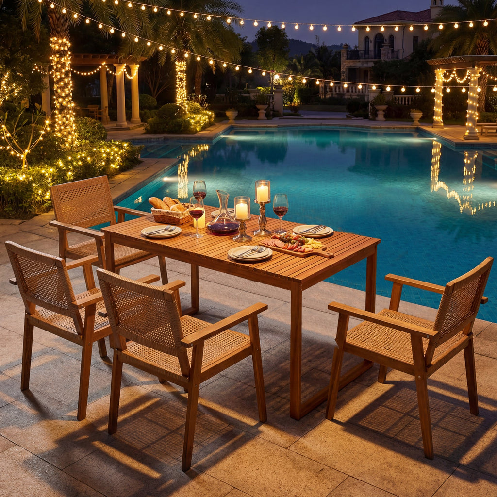 5 Pieces Acacia Wood Dining Set with Outdoor Table and Rattan Chairs for 4 Persons