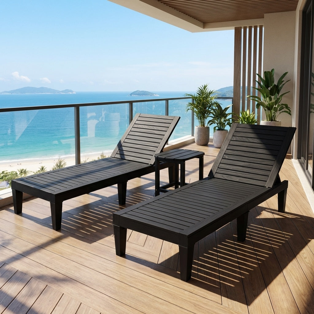 3-Piece Outdoor Adjustable Chaise Lounge Set with 2 Recliners and 1 Side Table for Garden Backyard