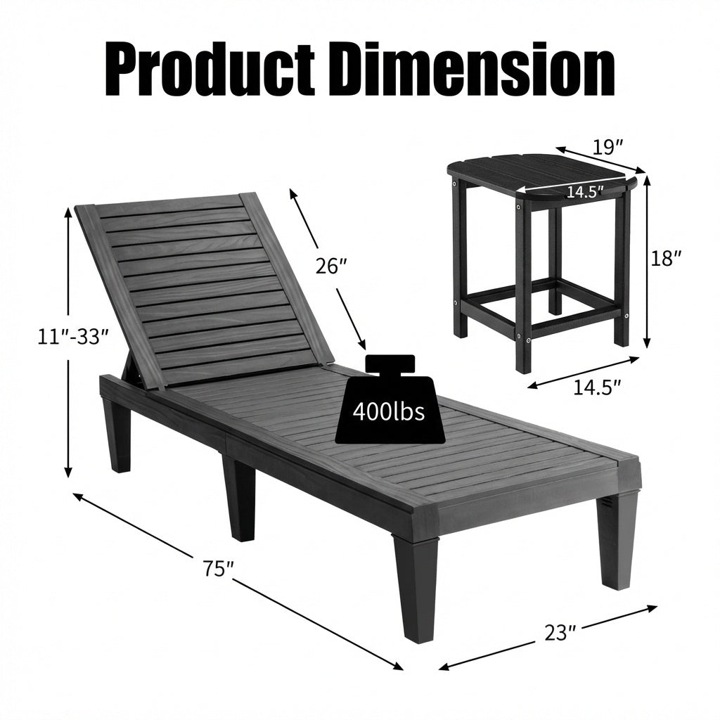 3-Piece Outdoor Adjustable Chaise Lounge Set with 2 Recliners and 1 Side Table for Garden Backyard